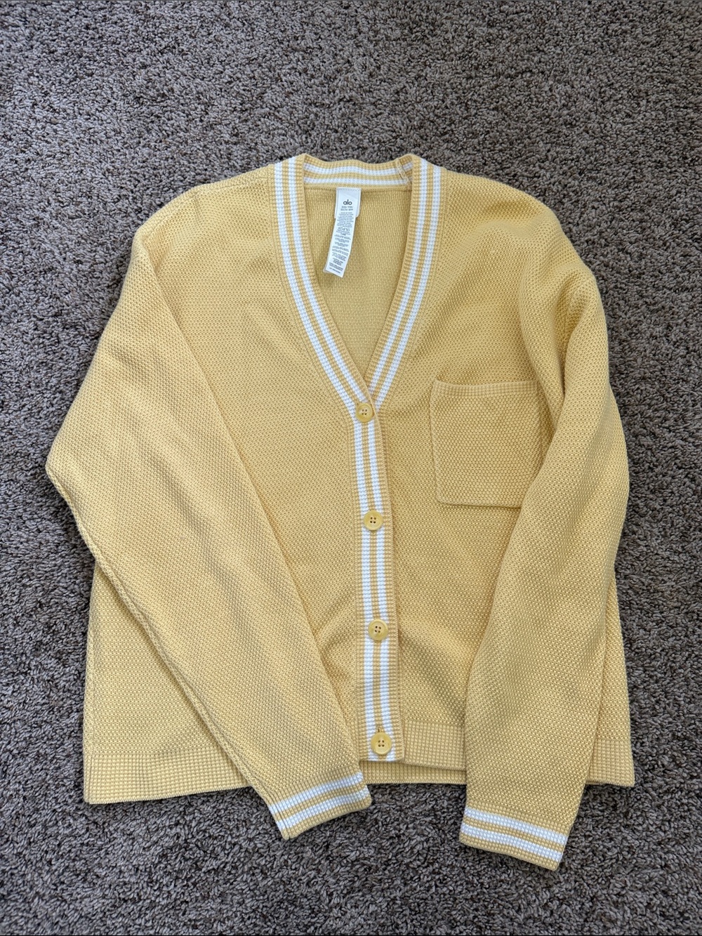 Yellow Alo Women's V-Neck Cardigan Sweater with White Trim
